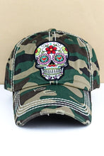 Load image into Gallery viewer, Distressed Ball Cap Camo Floral Sugar Skull
