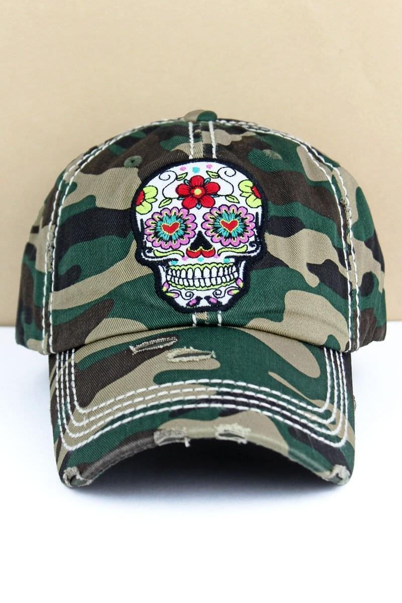 Distressed Ball Cap Camo Floral Sugar Skull – Tribal Coast Art