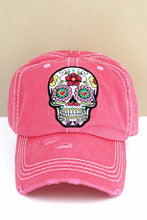Load image into Gallery viewer, Distressed Ball Cap Salmon Floral Sugar Skull
