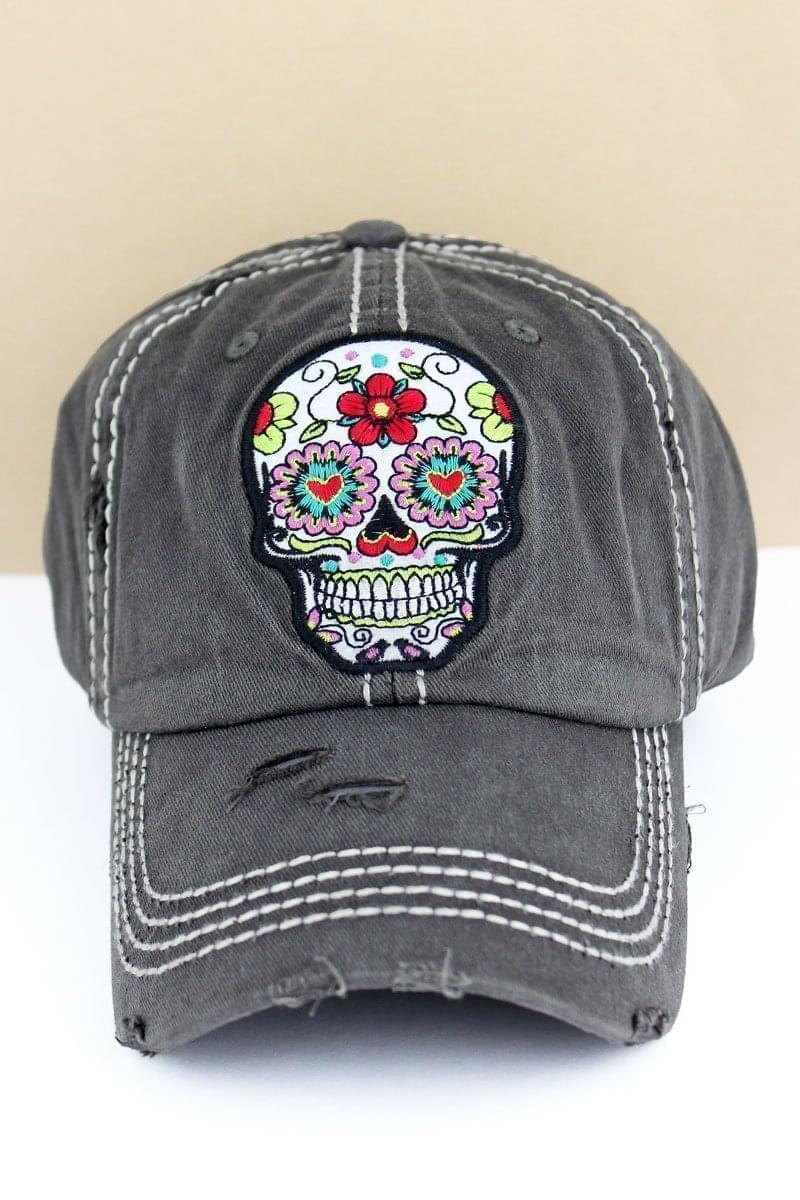 Distressed Black Cap Floral Sugar Skull