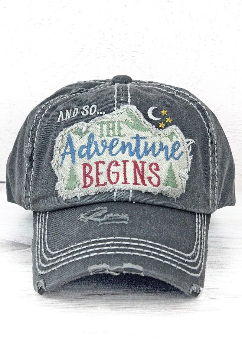 Distressed Black Cap The Adventure Begins