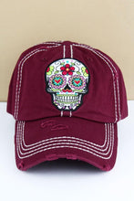 Load image into Gallery viewer, Distressed Maroon Ball Cap Floral Sugar Skull
