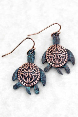 Celtic Turtle Adult Earrings Burnished Coppertone Patina - Tribal Coast ArtEarrings