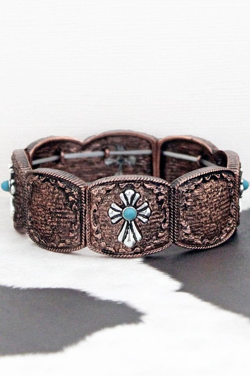 Coppertone Adult Women's Stretch Bracelet Turquoise Button White Cross - Tribal Coast ArtBracelet