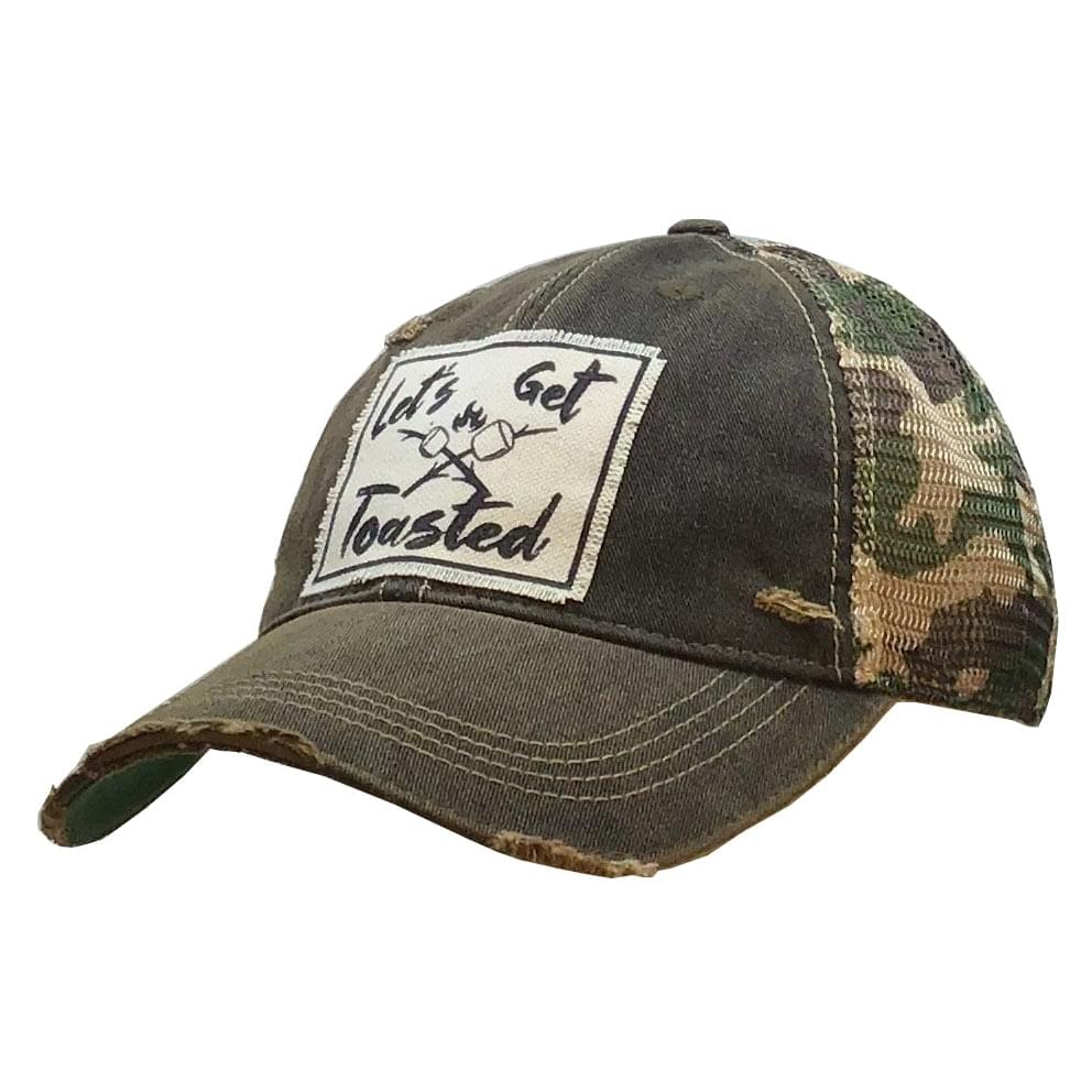 Distressed Trucker Adult Women's Snapback Cap Let's Get Toasted Camo Mesh - Tribal Coast ArtBall Cap