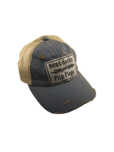 Load image into Gallery viewer, Distressed Trucker Cap Adult Women&#39;s Boat Docks and Flip Flops Blue Tan - Tribal Coast ArtBall Cap
