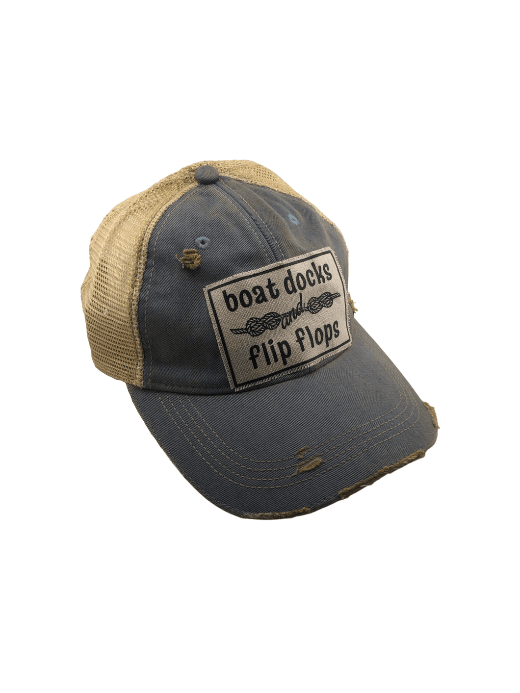 Distressed Trucker Cap Adult Women's Boat Docks and Flip Flops Blue Tan - Tribal Coast ArtBall Cap