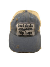 Load image into Gallery viewer, Distressed Trucker Cap Adult Women&#39;s Boat Docks and Flip Flops Blue Tan - Tribal Coast ArtBall Cap
