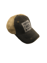 Load image into Gallery viewer, Distressed Trucker Cap Adult Women&#39;s Caution I Have No Filter Dark Blue Jean Tan - Tribal Coast ArtBall Cap
