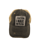 Load image into Gallery viewer, Distressed Trucker Cap Adult Women&#39;s Caution I Have No Filter Dark Blue Jean Tan - Tribal Coast ArtBall Cap
