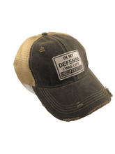 Load image into Gallery viewer, Distressed Trucker Cap Adult Women&#39;s In My Defense I Was Left Unsupervised Dark Brown Tan - Tribal Coast ArtBall Cap
