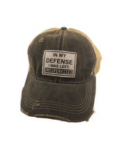 Load image into Gallery viewer, Distressed Trucker Cap Adult Women&#39;s In My Defense I Was Left Unsupervised Dark Brown Tan - Tribal Coast ArtBall Cap
