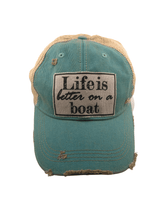 Load image into Gallery viewer, Distressed Trucker Cap Adult Women&#39;s Life Is Better On A Boat Aqua - Tribal Coast ArtBall Cap
