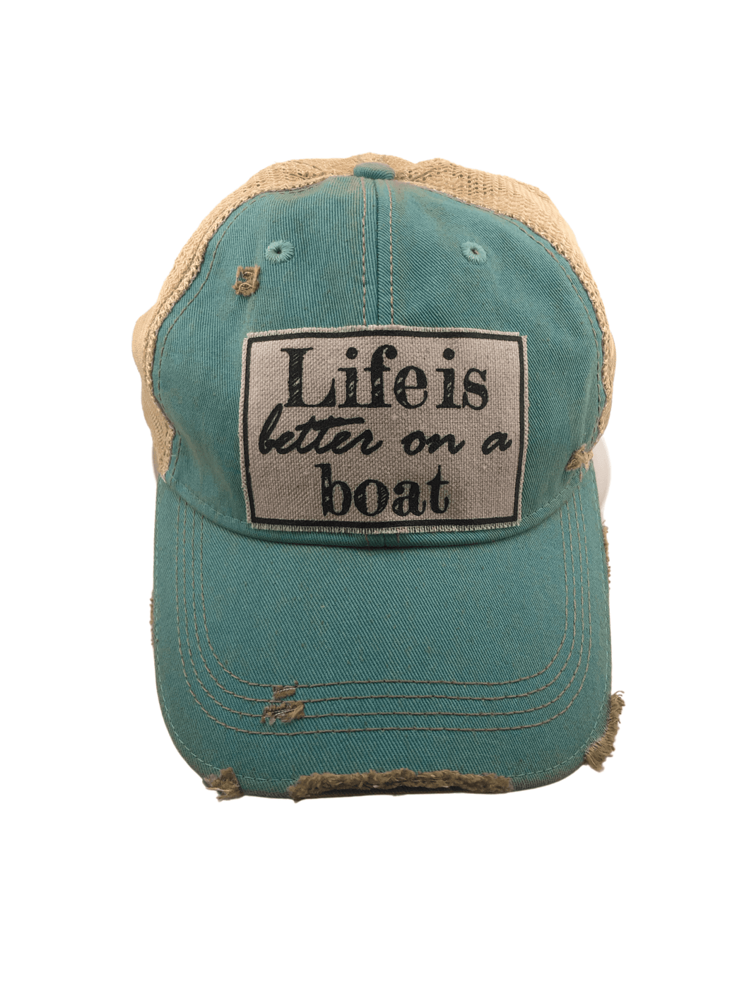 Distressed Trucker Cap Adult Women's Life Is Better On A Boat Aqua - Tribal Coast ArtBall Cap