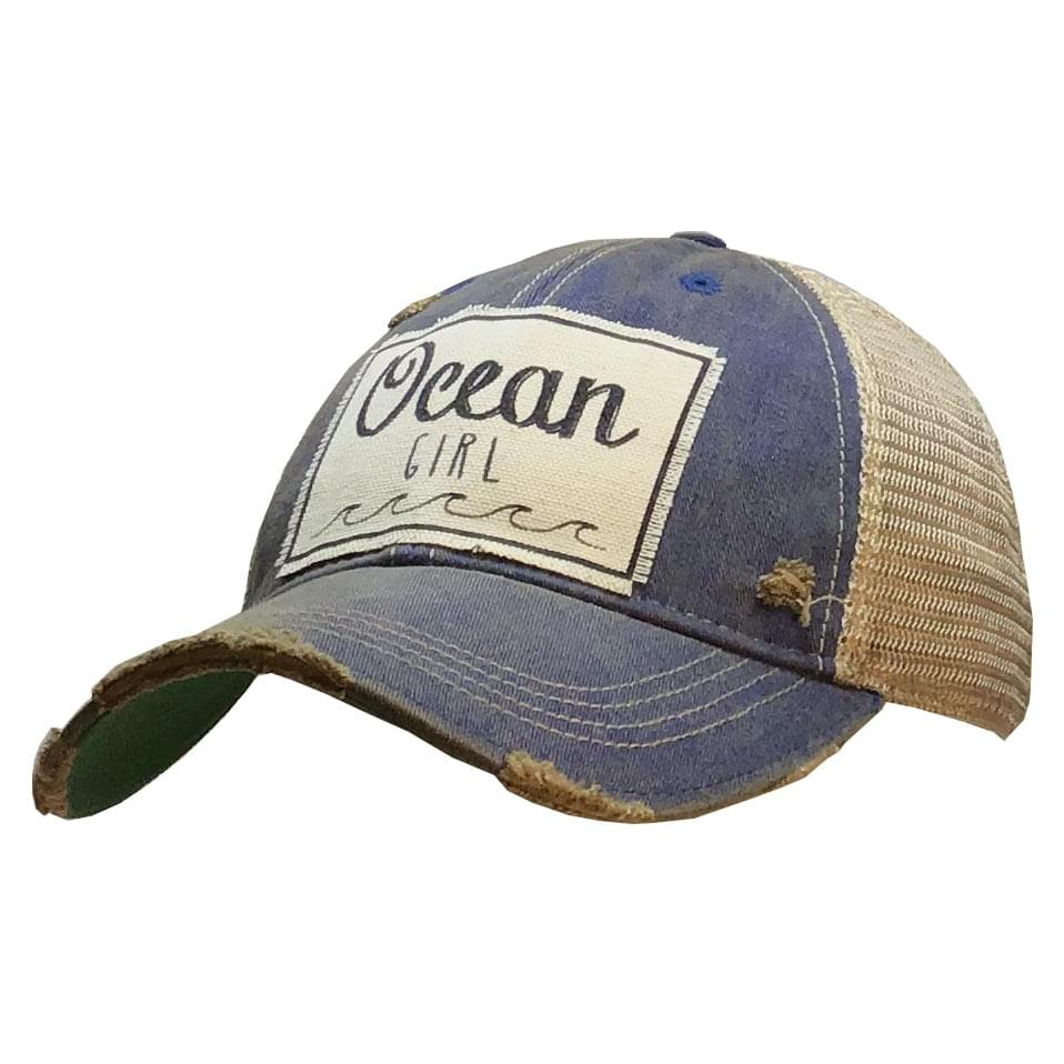 Distressed Trucker Cap Adult Women's Ocean Girl Blue - Tribal Coast ArtBall Cap