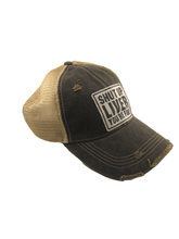 Load image into Gallery viewer, Distressed Trucker Cap Adult Women&#39;s Shut Up Liver You’re Fine Dark Blue Jean Tan - Tribal Coast ArtBall Cap
