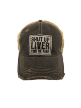 Load image into Gallery viewer, Distressed Trucker Cap Adult Women&#39;s Shut Up Liver You’re Fine Dark Blue Jean Tan - Tribal Coast ArtBall Cap
