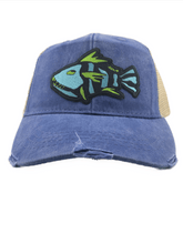 Load image into Gallery viewer, Distressed Trucker Cap Blue Adult Women&#39;s Tribal Fish Patch - Tribal Coast ArtBall Cap
