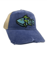 Load image into Gallery viewer, Distressed Trucker Cap Blue Adult Women&#39;s Tribal Fish Patch - Tribal Coast ArtBall Cap
