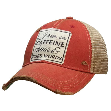 Distressed Trucker Cap I Run On Caffeine Chaos & Cuss Words - Tribal Coast ArtBall Cap