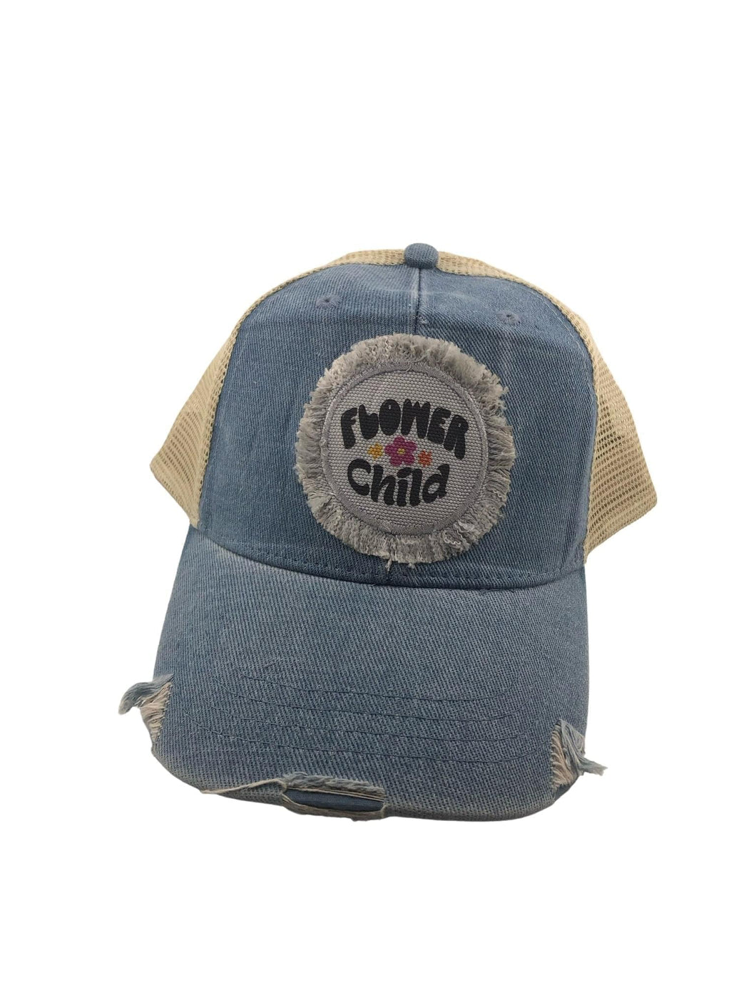 Distressed Trucker Cap Women’s Adult Blue Flower Child Patch - Tribal Coast ArtBall Cap