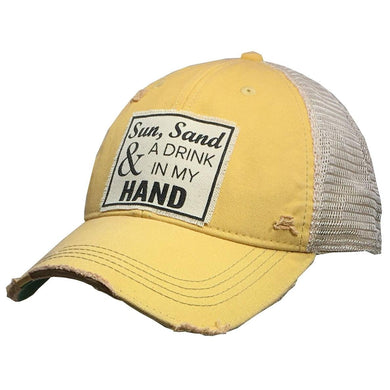 Distressed Trucker Cap Women's Adult Sun Sand Drink In My Hand Yellow - Tribal Coast ArtBall Cap