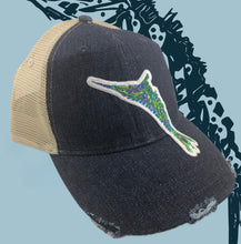 Load image into Gallery viewer, Distressed Trucker Hat Adult Women&#39;s Dark Bluejean With Tribal Multicolor Embroidered Marlin - Tribal Coast ArtBall Cap
