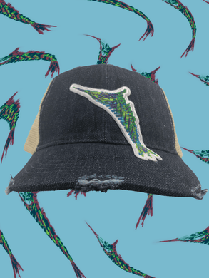 Distressed Trucker Hat Adult Women's Dark Bluejean With Tribal Multicolor Embroidered Marlin - Tribal Coast ArtBall Cap