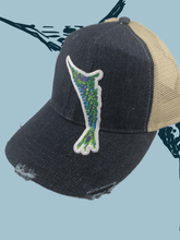 Load image into Gallery viewer, Distressed Trucker Hat Adult Women&#39;s Dark Bluejean With Tribal Multicolor Embroidered Marlin - Tribal Coast ArtBall Cap
