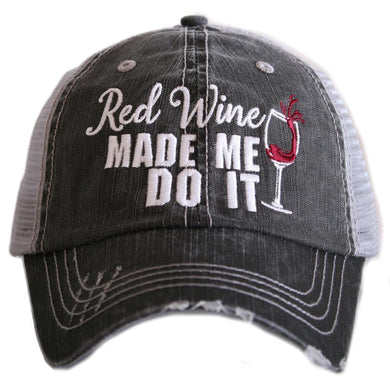 Distressed Trucker Hat Adult Women's Red Wine Made Me Do It Black - Tribal Coast ArtBall Cap