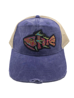 Distressed Trucker Hat Blue Purple Women’s Adult Tribal Fish Multicolor Patch - Tribal Coast ArtBallcaps