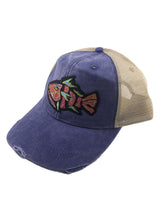 Load image into Gallery viewer, Distressed Trucker Hat Blue Purple Women’s Adult Tribal Fish Multicolor Patch - Tribal Coast ArtBallcaps
