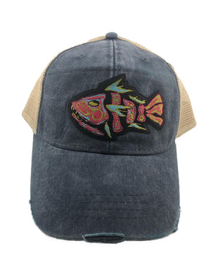 Distressed Trucker Hat Blue Women’s Adult Tribal Fish Multicolor Patch - Tribal Coast ArtBallcaps