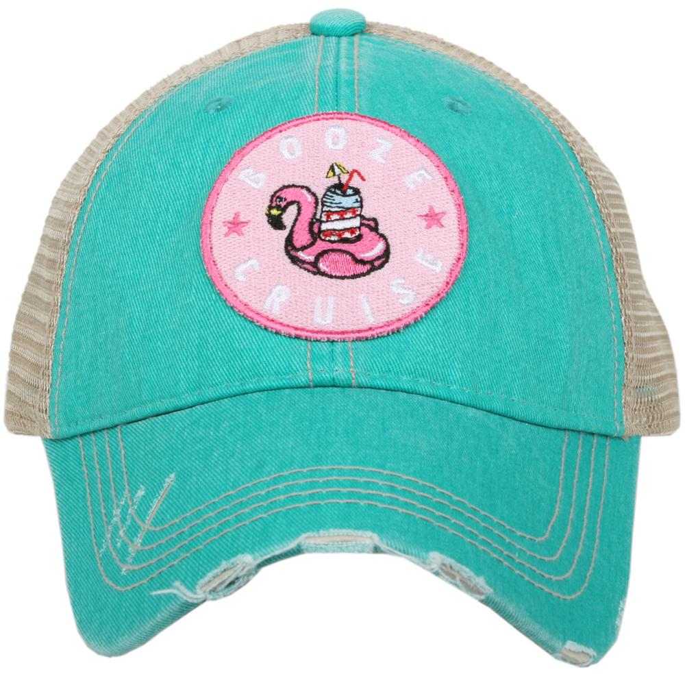 Distressed Trucker Hat Flamingo Float with Drink 'Booze Cruisin