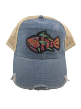 Load image into Gallery viewer, Distressed Trucker Hat Light Blue Women’s Adult Tribal Fish Multicolor Patch - Tribal Coast ArtBallcaps
