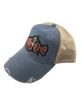 Load image into Gallery viewer, Distressed Trucker Hat Light Blue Women’s Adult Tribal Fish Multicolor Patch - Tribal Coast ArtBallcaps
