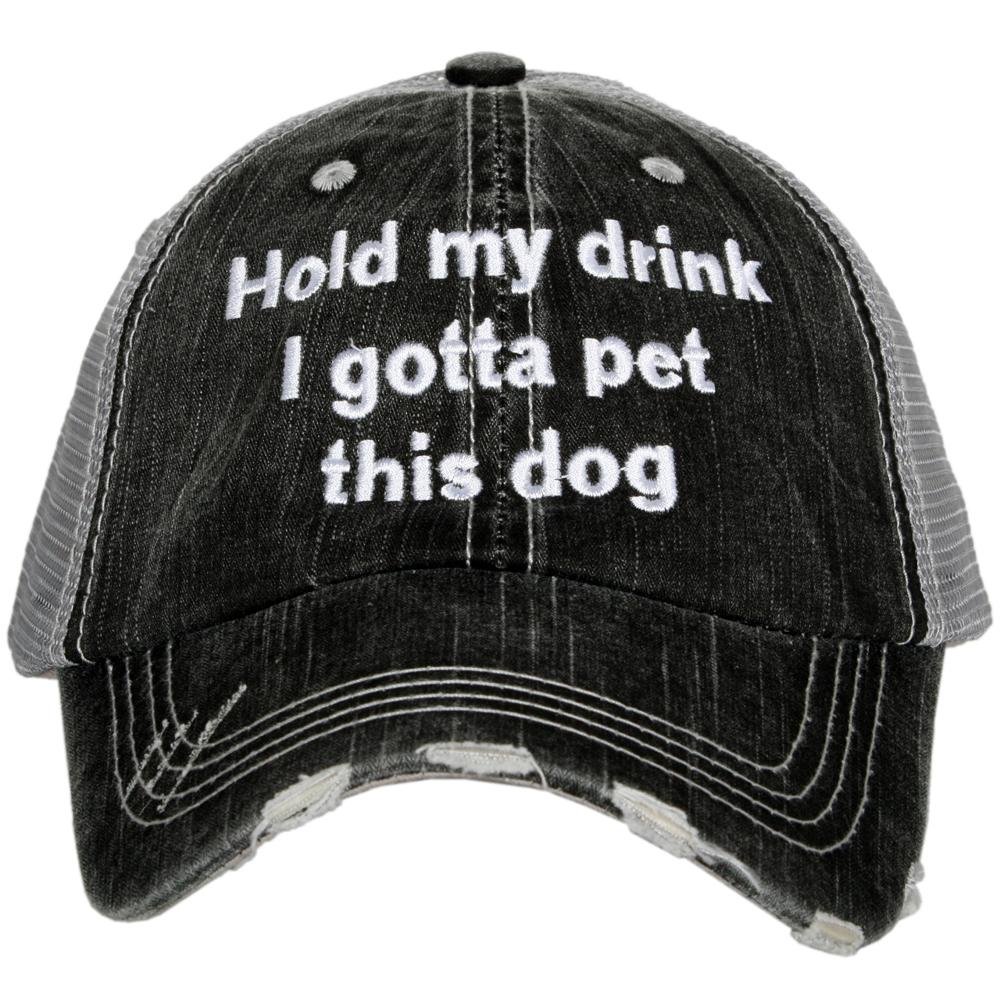 Distressed Trucker Hat Women's Adult Black Hold My Drink I Gotta Pet This Dog - Tribal Coast ArtBall Cap