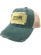 Load image into Gallery viewer, Distressed Trucker Hat Women’s Adult Blue Green Patch Peace Out Beaches - Tribal Coast ArtBallcaps
