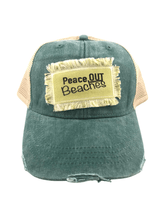 Load image into Gallery viewer, Distressed Trucker Hat Women’s Adult Blue Green Patch Peace Out Beaches - Tribal Coast ArtBallcaps
