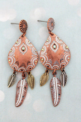 Feather Charm Earrings Silver Copper and Gold Tones - Tribal Coast ArtEarrings