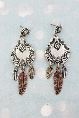 Feather Earrings Silver Copper and Gold Tones Tribal Coast Art - Tribal Coast ArtEarrings