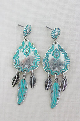 Feather Earrings Turquoise Patina Silvertone - Tribal Coast ArtEarrings