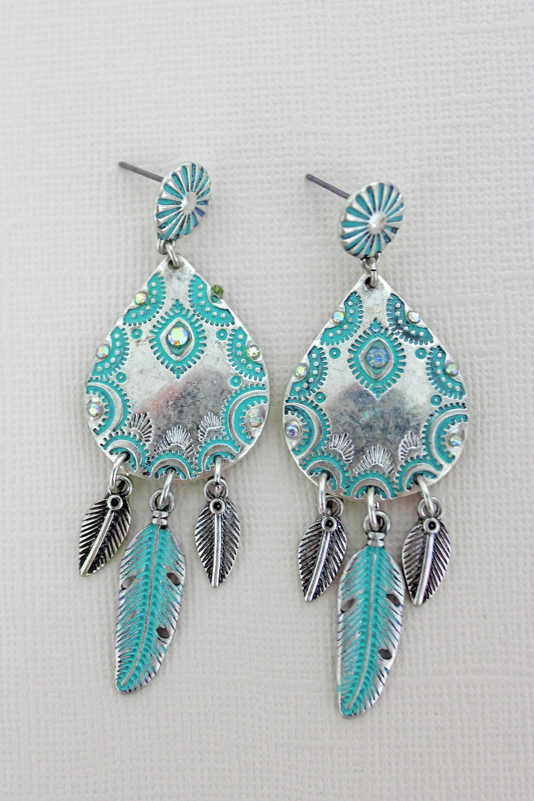 Feather Earrings Turquoise Patina Silvertone - Tribal Coast ArtEarrings