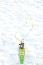 Load image into Gallery viewer, GREEN &#39;YOUR OWN SHELL&#39; SURFBOARD AND GOLDTONE TURTLE PENDANT NECKLACE - Tribal Coast ArtNecklace
