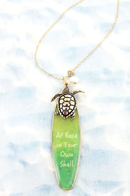 GREEN 'YOUR OWN SHELL' SURFBOARD AND GOLDTONE TURTLE PENDANT NECKLACE - Tribal Coast ArtNecklace