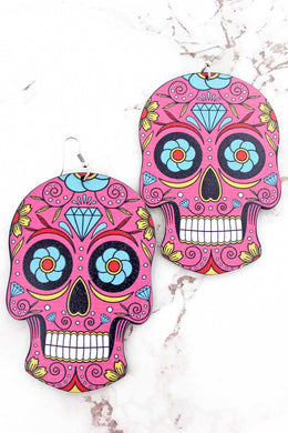 Large Fuchsia Wood Sugar Skull Earrings Adult Kids Pink Turquoise Yellow - Tribal Coast ArtEarrings