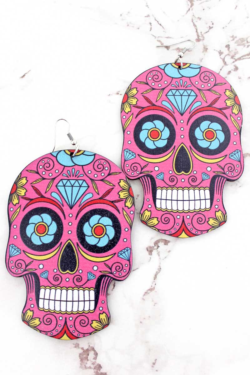 Large Fuchsia Wood Sugar Skull Earrings Adult Kids Pink Turquoise Yellow - Tribal Coast ArtEarrings