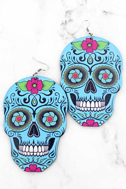 Large Turquoise Wood Sugar Skull Earrings Adult Kids Pink Green - Tribal Coast ArtEarrings