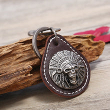 Load image into Gallery viewer, Leather Keychain Native Indian Skull - Tribal Coast Artkey chain
