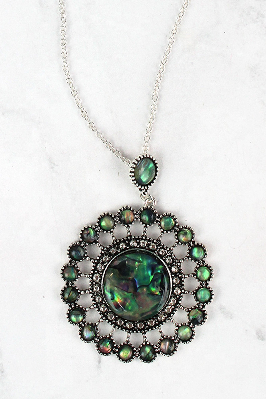 SILVERTONE AND ABALONE ROUND PENDANT NECKLACE - Tribal Coast ArtNecklace